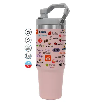 Tech logos, Pink color, 890ml (30oz) stainless Steel Tumbler with Handle