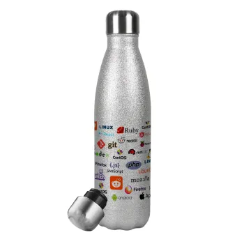 Tech logos, Μεταλλικό παγούρι θερμός Glitter Aσημένιο (Stainless steel), διπλού τοιχώματος, 500ml