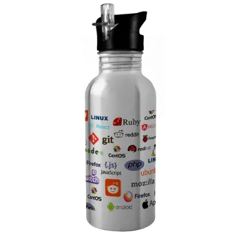 Tech logos, Water bottle Silver with straw, stainless steel 600ml