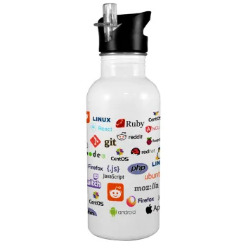 Tech logos, White water bottle with straw, stainless steel 600ml