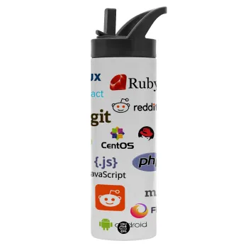 Tech logos, Μεταλλικό παγούρι θερμός με καλαμάκι & χειρολαβή, ανοξείδωτο ατσάλι (Stainless steel 304), διπλού τοιχώματος, 600ml