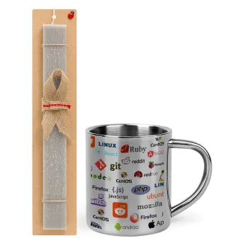 Tech logos, Easter Set, metallic thermal cup (300ml) & Easter aromatic flat candle (30cm) (GRAY)