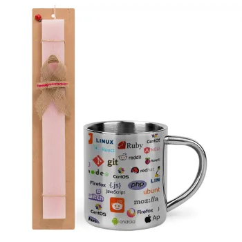 Tech logos, Easter Set, metallic thermal cup (300ml) & aromatic flat Easter candle (30cm) (PINK)