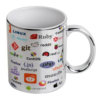 Tech logos, Mug ceramic, silver mirror, 330ml