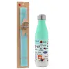 Easter Set, Metallic green/white thermos (Stainless steel), double-walled, 500ml & scented flat Easter candle (30cm) (TURQUOISE)