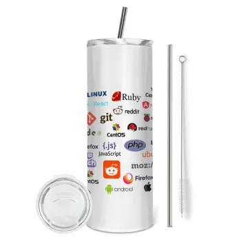 Tech logos, Tumbler ποτήρι θερμό από ανοξείδωτο ατσάλι 600ml, με μεταλλικό καλαμάκι & βούρτσα καθαρισμού