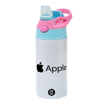 apple, Children's hot water bottle, stainless steel, with safety straw, Pink/BlueCiel (360ml) BPA FREE