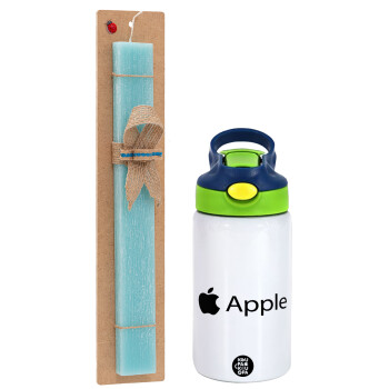 apple, Πασχαλινή Λαμπάδα με Παιδικό παγούρι θερμό, ανοξείδωτο, με καλαμάκι ασφαλείας, πράσινο/μπλε (350ml) & κερί αρωματικό πλακέ (30cm) (ΤΙΡΚΟΥΑΖ)
