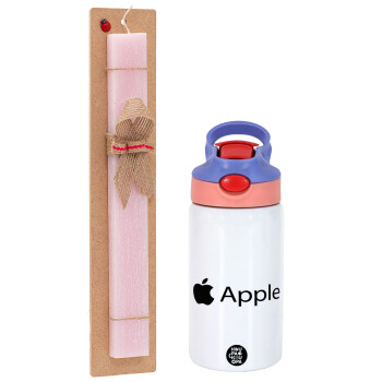 apple, Easter Set, Children's thermal stainless steel water bottle with safety straw, pink/purple (350ml) & Easter scented flat candle (30cm) (PINK)
