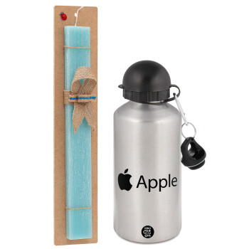 apple, Πασχαλινό Σετ, παγούρι μεταλλικό Ασημένιο αλουμινίου (500ml) & πασχαλινή λαμπάδα αρωματική πλακέ (30cm) (ΤΙΡΚΟΥΑΖ)