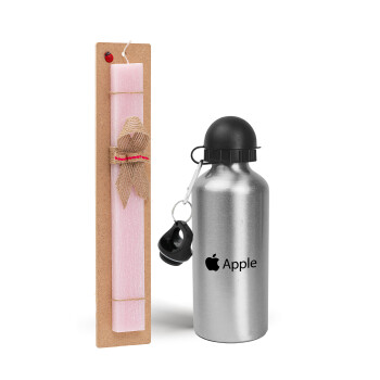 apple, Easter Set, metallic Silver aluminum water bottle (500ml) & scented flat Easter candle (30cm) (PINK)