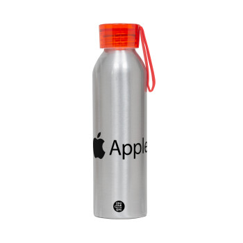 apple, Αλουμινένιο Αθλητικό Μπουκάλι 650ml – Ασημί με Κόκκινο Καπάκι και Λουράκι Σιλικόνης