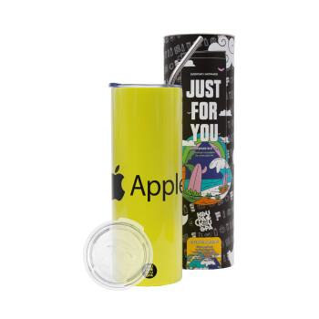 apple, Neon Yellow Travel Tumbler, with metal straw (Stainless steel 304 Food grade, BPA free, 600ml)