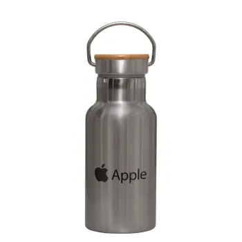apple, Μεταλλικό παγούρι θερμός (Stainless steel) Ασημένιο με ξύλινο καπακι (bamboo), διπλού τοιχώματος, 350ml