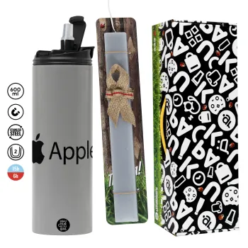 apple, Πασχαλινή Λαμπάδα με Travel Tumbler θερμό (600ml, BPA free) & κερί αρωματικό πλακέ (30cm) (ΓΚΡΙ)