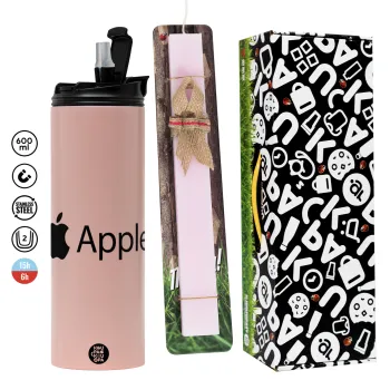 apple, Πασχαλινή Λαμπάδα με  ΡΟΖ Travel Tumbler θερμό (600ml, BPA free) & κερί αρωματικό πλακέ (30cm) (ΡΟΖ)