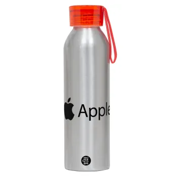 apple, Αλουμινένιο Αθλητικό Μπουκάλι 650ml – Ασημί με Κόκκινο Καπάκι και Λουράκι Σιλικόνης
