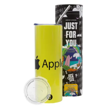 apple, Neon Yellow Travel Tumbler θερμό, μεταλλικό καλαμάκι(Ανωξείδωτο 304 Food grade, BPA free, 600ml)