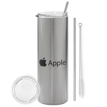 apple, Tumbler ποτήρι θερμό Ασημένιο από ανοξείδωτο ατσάλι 600ml, με μεταλλικό καλαμάκι & βούρτσα καθαρισμού