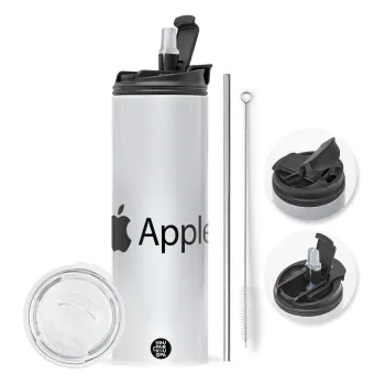apple, Travel Tumbler θερμό με διπλό καπάκι, μεταλλικό καλαμάκι και βούρτσα καθαρισμού (Ανωξείδωτο 304 Food grade, BPA free, 600ml)