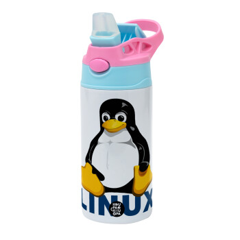 Linux, Children's hot water bottle, stainless steel, with safety straw, Pink/BlueCiel (360ml) BPA FREE