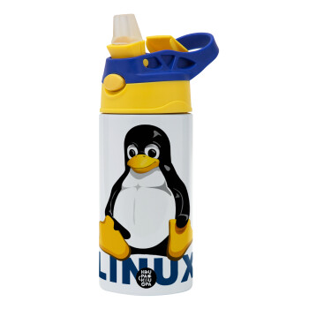 Linux, Children's hot water bottle, stainless steel, with safety straw, green, blue (360ml) BPA FREE