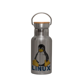 Linux, Μεταλλικό παγούρι θερμός (Stainless steel) Ασημένιο με ξύλινο καπακι (bamboo), διπλού τοιχώματος, 350ml