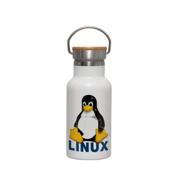 Linux, Μεταλλικό παγούρι θερμός (Stainless steel) Λευκό με ξύλινο καπακι (bamboo), διπλού τοιχώματος, 350ml