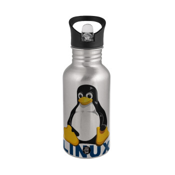 Linux, Παγούρι νερού Ασημένιο με καλαμάκι, ανοξείδωτο ατσάλι 500ml