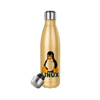 Linux, Μεταλλικό παγούρι θερμός Glitter χρυσό (Stainless steel), διπλού τοιχώματος, 500ml