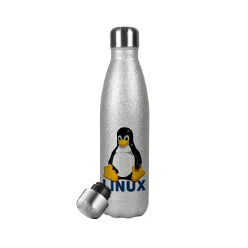 Linux, Μεταλλικό παγούρι θερμός Glitter Aσημένιο (Stainless steel), διπλού τοιχώματος, 500ml