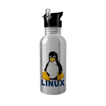 Linux, Παγούρι νερού Ασημένιο με καλαμάκι, ανοξείδωτο ατσάλι 600ml