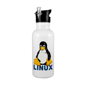 Linux, Παγούρι νερού Λευκό με καλαμάκι, ανοξείδωτο ατσάλι 600ml