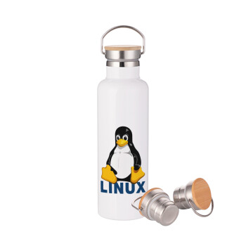 Linux, Μεταλλικό παγούρι θερμός (Stainless steel) Λευκό με ξύλινο καπακι (bamboo), διπλού τοιχώματος, 750ml