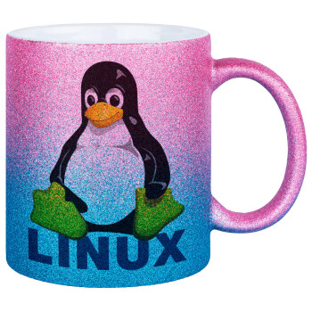 Linux, Κούπα Χρυσή/Μπλε Glitter, κεραμική, 330ml
