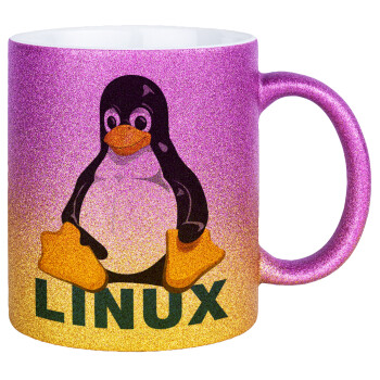 Linux, Κούπα Χρυσή/Ροζ Glitter, κεραμική, 330ml
