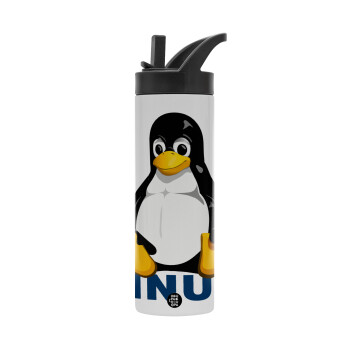 Linux, Μεταλλικό παγούρι θερμός με καλαμάκι & χειρολαβή, ανοξείδωτο ατσάλι (Stainless steel 304), διπλού τοιχώματος, 600ml