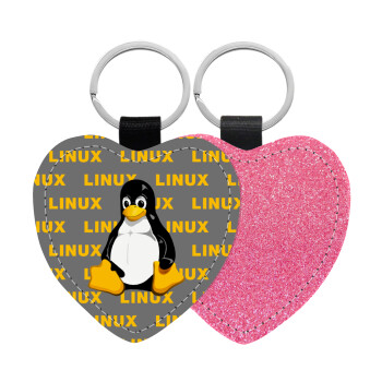 Linux, Μπρελόκ PU δερμάτινο glitter καρδιά ΡΟΖ