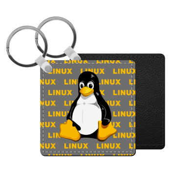 Linux, Μπρελόκ Δερματίνη, τετράγωνο ΜΑΥΡΟ (5x5cm)