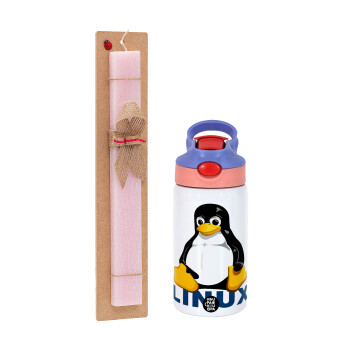 Linux, Easter Set, Children's thermal stainless steel water bottle with safety straw, pink/purple (350ml) & Easter scented flat candle (30cm) (PINK)