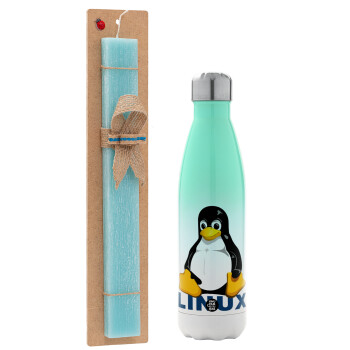 Linux, Easter Set, Metallic green/white thermos (Stainless steel), double-walled, 500ml & scented flat Easter candle (30cm) (TURQUOISE)