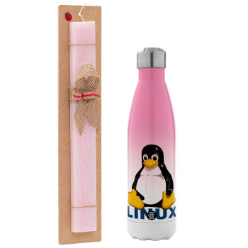 Linux, Easter Set, Metallic pink/white (Stainless steel) thermos, double-walled, 500ml & aromatic flat Easter candle (30cm) (PINK)