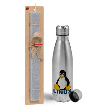 Linux, Easter Set, metallic Inox water bottle (750ml) & aromatic flat Easter candle (30cm) (GRAY)