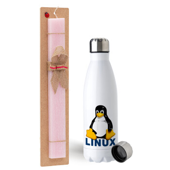 Linux, Easter Set, metallic stainless steel water bottle (750ml) & scented flat Easter candle (30cm) (PINK)