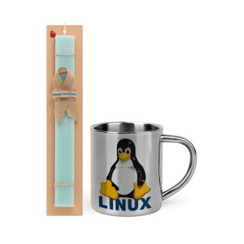 Linux, Easter Set, metallic thermal cup (300ml) & aromatic flat Easter candle (30cm) (TURQUOISE)