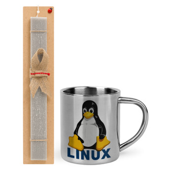 Linux, Πασχαλινή Λαμπάδα με μεταλλική κούπα θερμό (300ml) & κερί αρωματικό πλακέ (30cm) (ΓΚΡΙ)