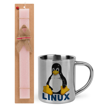 Linux, Πασχαλινό Σετ, μεταλλική κούπα θερμό (300ml) & πασχαλινή λαμπάδα αρωματική πλακέ (30cm) (ΡΟΖ)