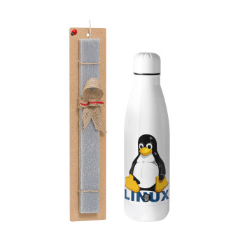 Linux, Easter Set, metallic stainless thermos bottle (500ml) & scented flat Easter candle (30cm) (GRAY)