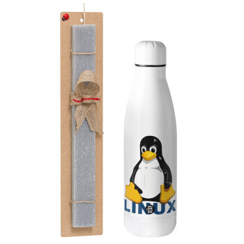 Linux, Πασχαλινό Σετ, μεταλλικό παγούρι Inox (700ml) & πασχαλινή λαμπάδα αρωματική πλακέ (30cm) (ΓΚΡΙ)