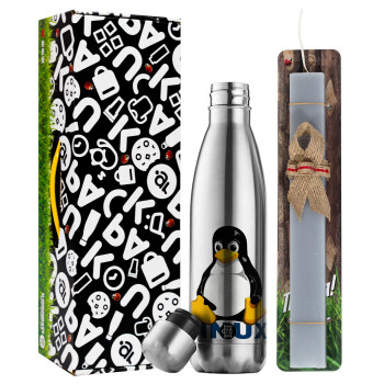 Linux, Easter Set, metallic stainless thermos flask (500ml) & scented flat Easter candle (30cm) (GRAY)